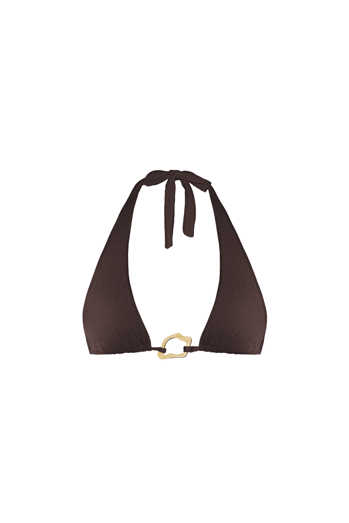 Brown bikini top with a gold ring detail on a white background